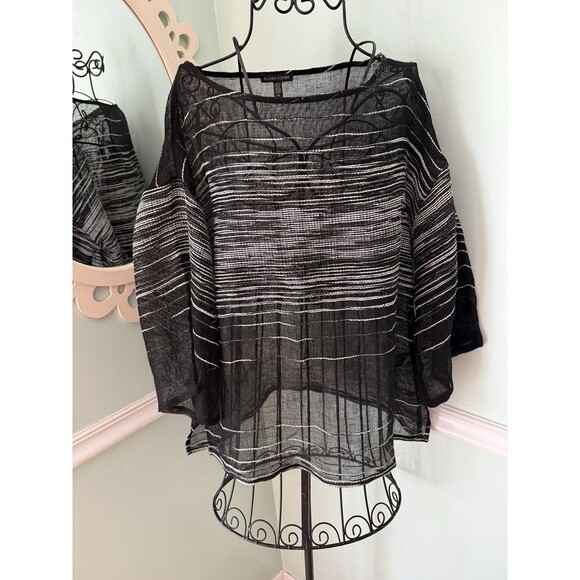 Eileen Fisher Organic Linen Blend Knit Top Small Black Striped Long Sleeve - Picture 2 of 9